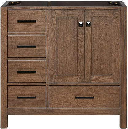 ARIEL Cambridge 36-inch Bathroom Vanity Base Cabinet,Solid Wood, 2 Soft Closing Doors, 5 Dovetail Drawers, Brown Oak