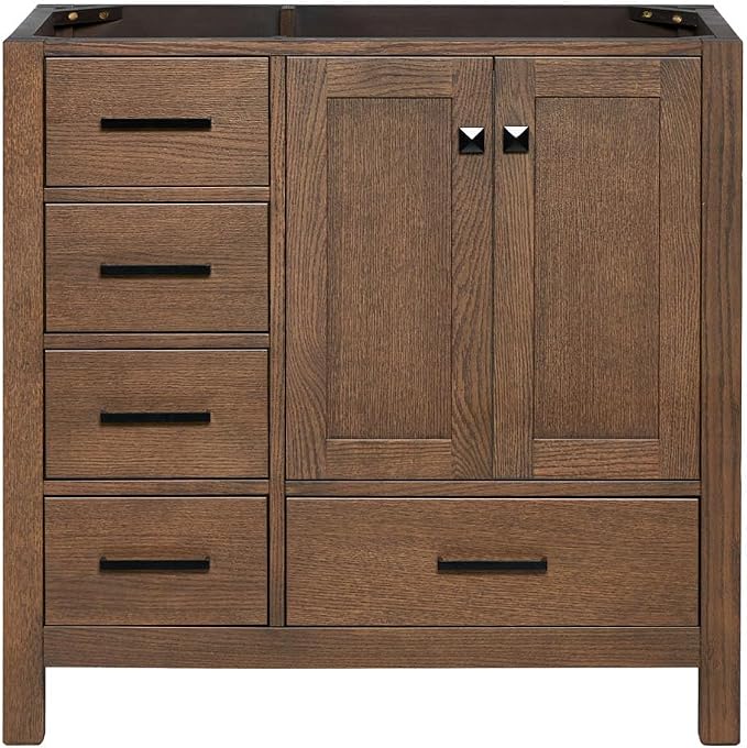 ARIEL Cambridge 36-inch Bathroom Vanity Base Cabinet,Solid Wood, 2 Soft Closing Doors, 5 Dovetail Drawers, Brown Oak