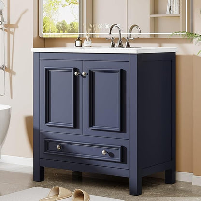 Tribesigns 30" Modern Bathroom Vanity with Sink, Freestanding Bathroom Vanities Cabinet with Ceramic Basin Combo, Bathroom Sink Cabinet with 2 Doors and 1 Drawer, Solid Wooden Frame, Navy Blue