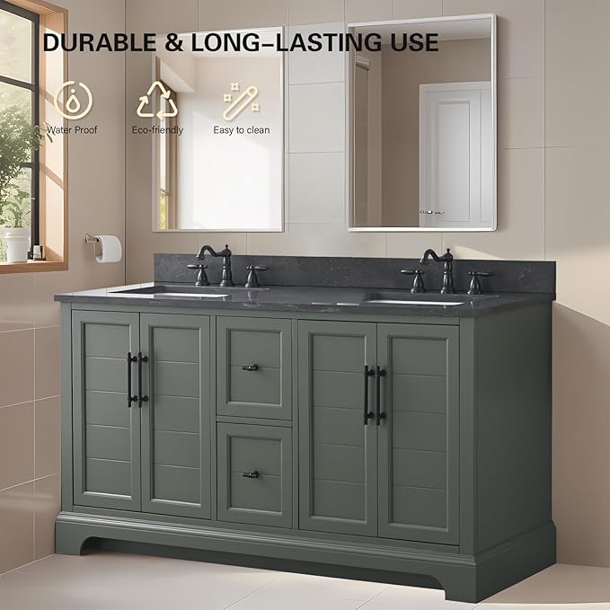 HOMEBEYOND 60 Inch Bathroom Vanity with Double Sink & Ceramic Top, Vanity Cabinet with Center Countertop Basin, Soft-Closing Doors, Backsplash,Vintage Green