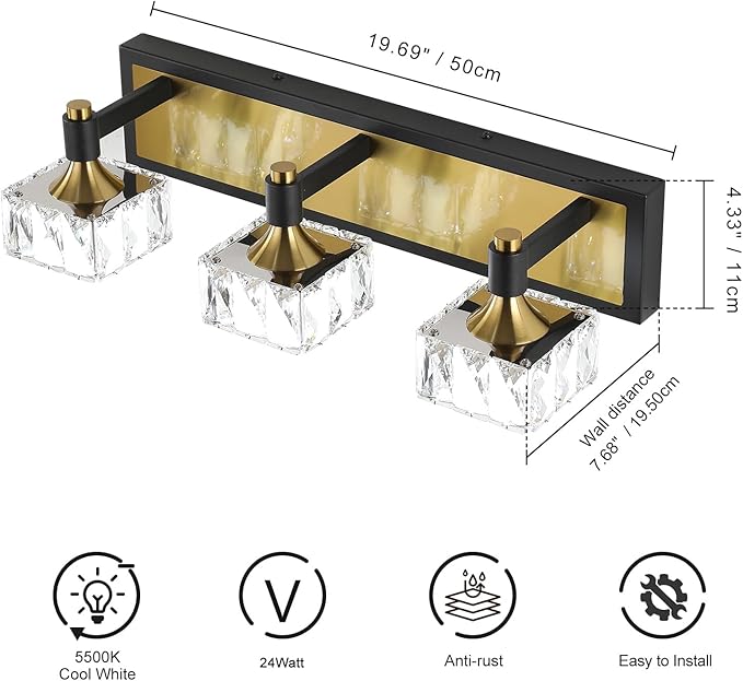 3-Light Bathroom Light Fixtures Over Mirror, Dimmable LED Bathroom Vanity Light with Crystal Shade, Black and Gold Modern Wall Sconce Light, Bathroom Lighting Fixtures Over Mirror, Bath Lamp
