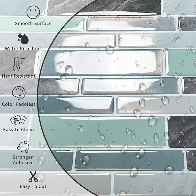 10-Sheet Peel and Stick Kitchen Backsplash Tiles | 3D Waterproof Self Adhesive Wall Tile Stick on Backsplash for Kitchen and Bathroom(Blue Green,12"×12")