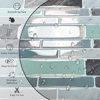 10-Sheet Peel and Stick Kitchen Backsplash Tiles | 3D Waterproof Self Adhesive Wall Tile Stick on Backsplash for Kitchen and Bathroom(Blue Green,12"×12")