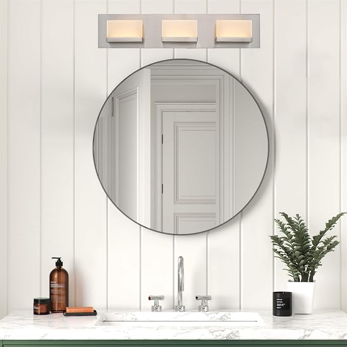 Kira Home Everett 24" Modern Integrated LED 3-Light Bathroom Vanity Light | 30W 3000K Warm White Light, Minimalist Bathroom Wall Sconce with Frosted Acrylic Blocks, Brushed Nickel Finish