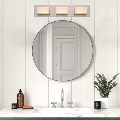 Kira Home Everett 24" Modern Integrated LED 3-Light Bathroom Vanity Light | 30W 3000K Warm White Light, Minimalist Bathroom Wall Sconce with Frosted Acrylic Blocks, Brushed Nickel Finish