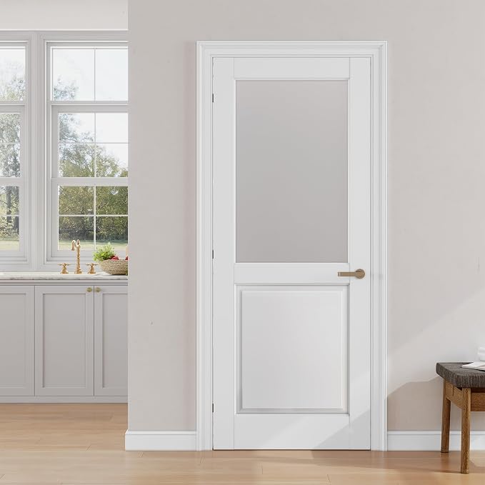 SMARTSTANDARD 30" x 80" Frosted Glass Interior Door Slab, Solid Core | Pre-Assembled French Slab Door for Pantry Laundry Closet Bathroom, without Hardware, White Primed, Paintable Surface