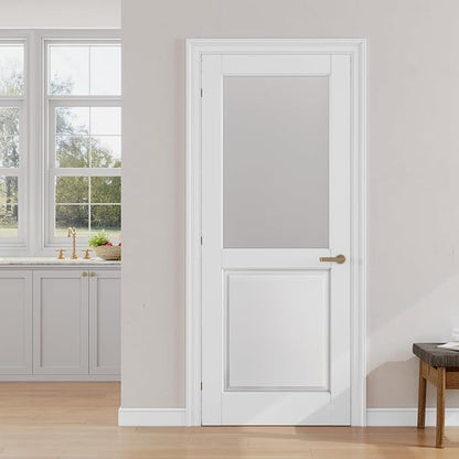 SMARTSTANDARD 30" x 80" Frosted Glass Interior Door Slab, Solid Core | Pre-Assembled French Slab Door for Pantry Laundry Closet Bathroom, without Hardware, White Primed, Paintable Surface