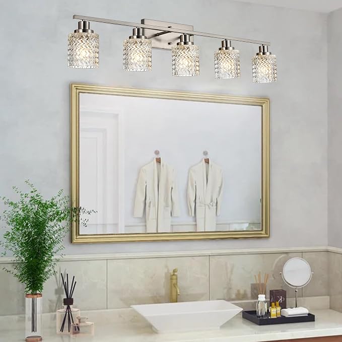 MELUCEE 5 Lights Brushed Nickel Bathroom Light Fixture with Hammered Glass | Modern Light Fixtures Wall Mounted Vanity Lighting with Hammered Glass Shade Suitable for Bathroom Mirror Sink Cabinet