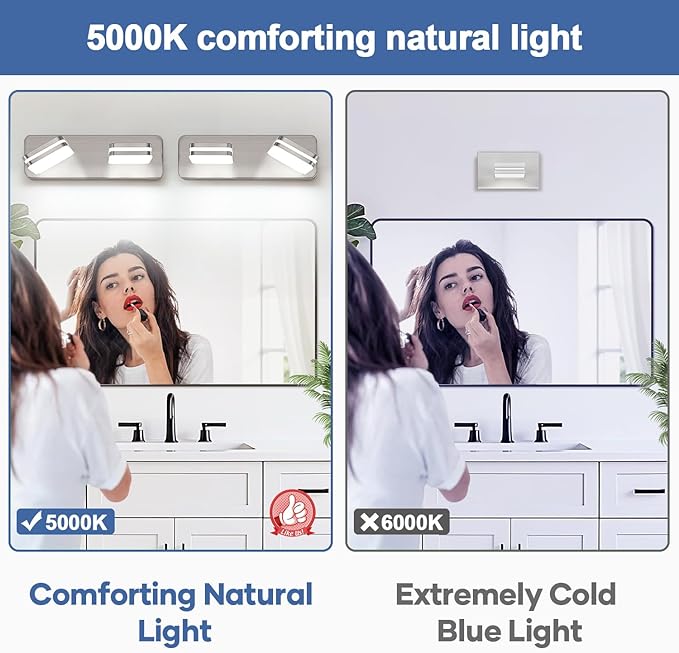 360° Rotate 2-Light LED Bathroom Vanity Light Fixtures, 900LM Acrylic Brushed Nickel Vanity Lights for Bathroom, Modern Wall Lighting Fixtures Over Mirror Kitchen Living (Natural White Light 5000K)