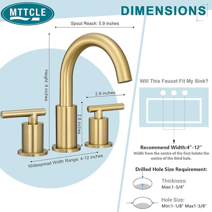 Bathroom Faucet 3 Hole, 8 Inch Widespread with Pop-up Drain, 2 Handle Sink Faucet, Modern Vanity Faucet for Bathroom Sink with 360° Swivel Spout Brushed Gold