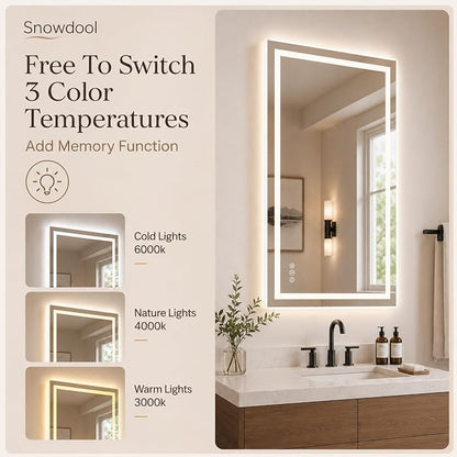 Snowdool 77 x 36 in RGB LED Bathroom Mirror, Front and Backlit, Anti-Fog | 8 RGB Backlight Modes, 3 Front Light Colors, Anti-Fog, Tempered Glass