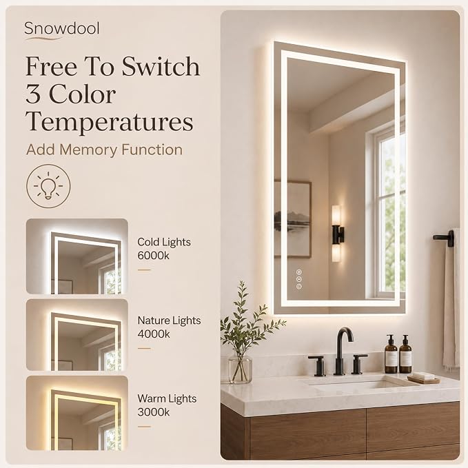 Snowdool 60 x 36 in RGB LED Bathroom Mirror, Front and Backlit, Anti-Fog | 8 RGB Backlight Modes, 3 Front Light Colors, Anti-Fog, Tempered Glass