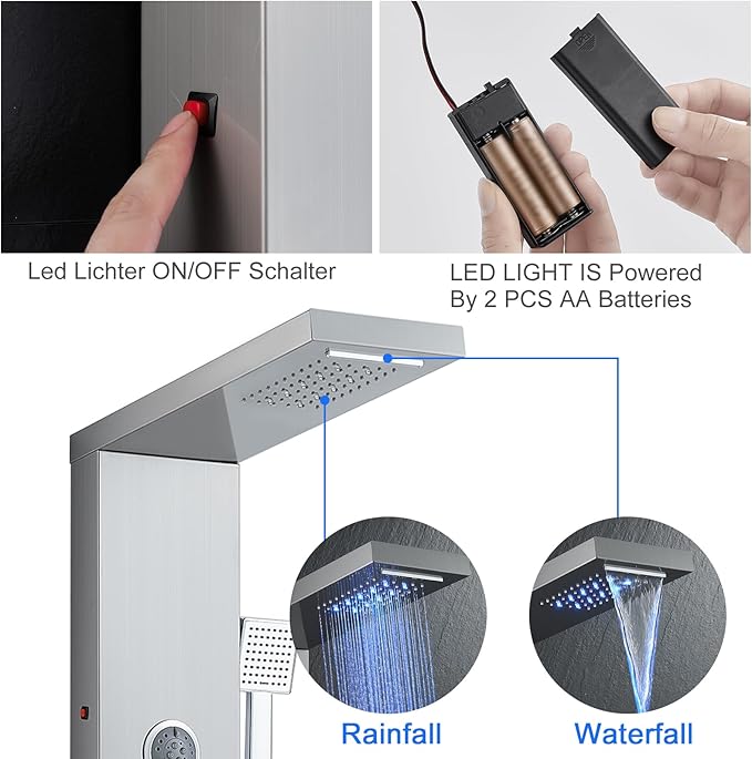 5 in 1 Shower Panel Tower System with LED Lights, Rainfall and Waterfall Shower Head, 3 Pcs Adjustable Body Jets, Handheld Shower, Tub Spout (Brushed Nickel)