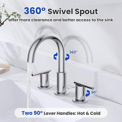 Bathroom Faucets for 3 Hole Sinks, Hurran 8 Inch Chrome Double Handle Bathroom Sink Faucet Comes with a 360 Degree Rotating Spout and a Pop-Up Drain that is Suitable for Vanity RV Outdoor Sink