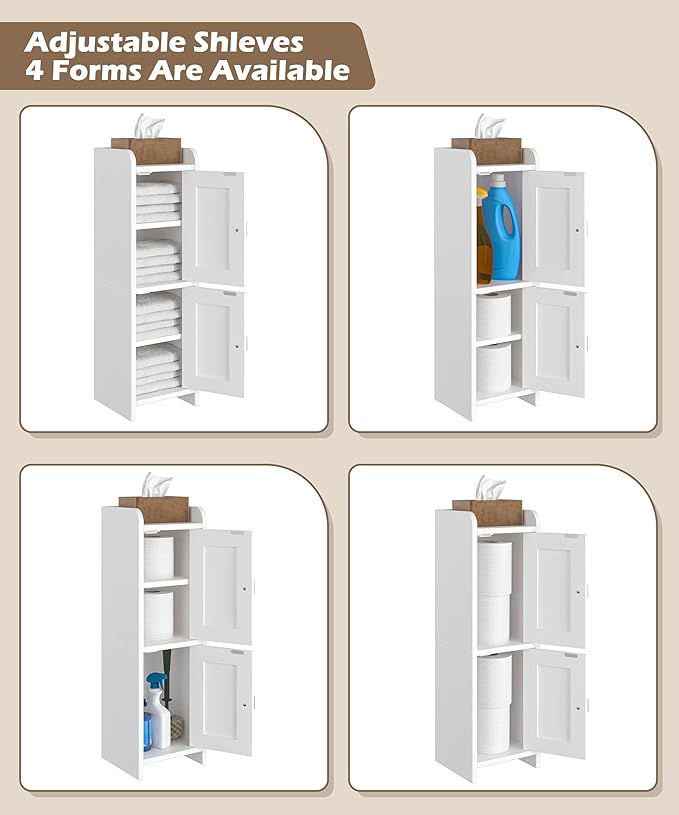 Small Bathroom Cabinet with 2 Doors, 7.9''D x 7.9''W Narrow Toilet Paper Storage Cabinet, Bathroom Organizer for Small Spaces, Slim Corner Unit with Adjustable Shelf, White