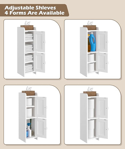 Small Bathroom Cabinet with 2 Doors, 7.9''D x 7.9''W Narrow Toilet Paper Storage Cabinet, Bathroom Organizer for Small Spaces, Slim Corner Unit with Adjustable Shelf, White