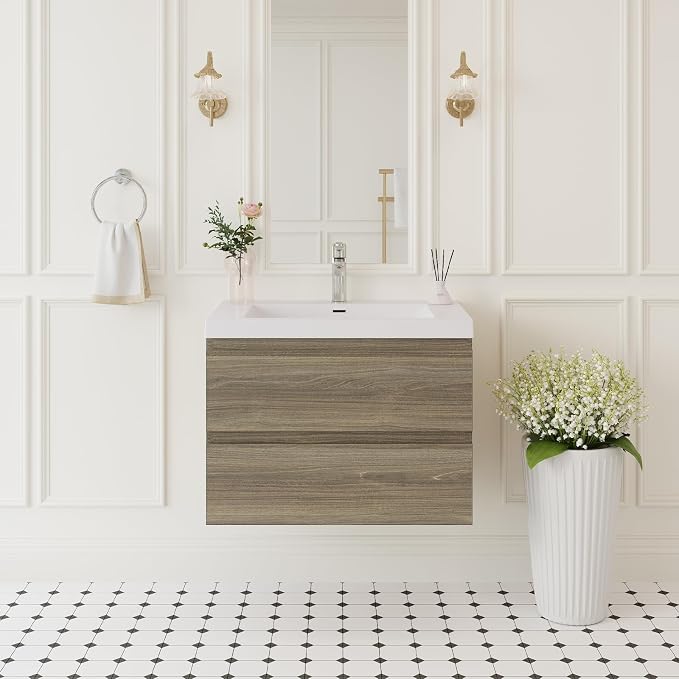 Floating Bathroom Vanity with Sink, 30" Wall Mount Bathroom Storage Vanity | Resin Top Basin and Soft Close Drawers, No Assembly Required, Ash Grey