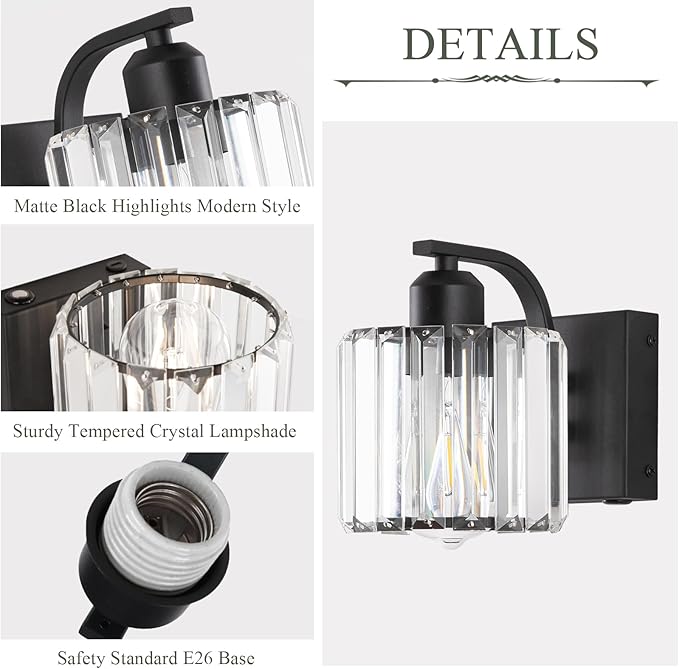 BELS 8 Inch Battery Operated Wall Sconces Set of 2, Farmhouse Black Wall Lights Fixture with Crystal Shade, 3 Colors Temperature, Remote Control, Dimmable, Wall Sconces for Mirror, Bathroom, Bedroom