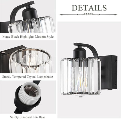 BELS 8 Inch Battery Operated Wall Sconces Set of 2, Farmhouse Black Wall Lights Fixture with Crystal Shade, 3 Colors Temperature, Remote Control, Dimmable, Wall Sconces for Mirror, Bathroom, Bedroom
