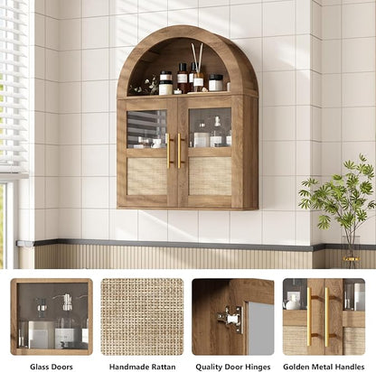 RUSTOWN Arched Bathroom Wall Cabinet with 2 Glass & Rattan Doors | Rattan Medicine Cabinet, Farmhouse Over the Toilet Storage Cabinet, Adjustable Shelves, 3-Tier Wall Mounted Cabinets