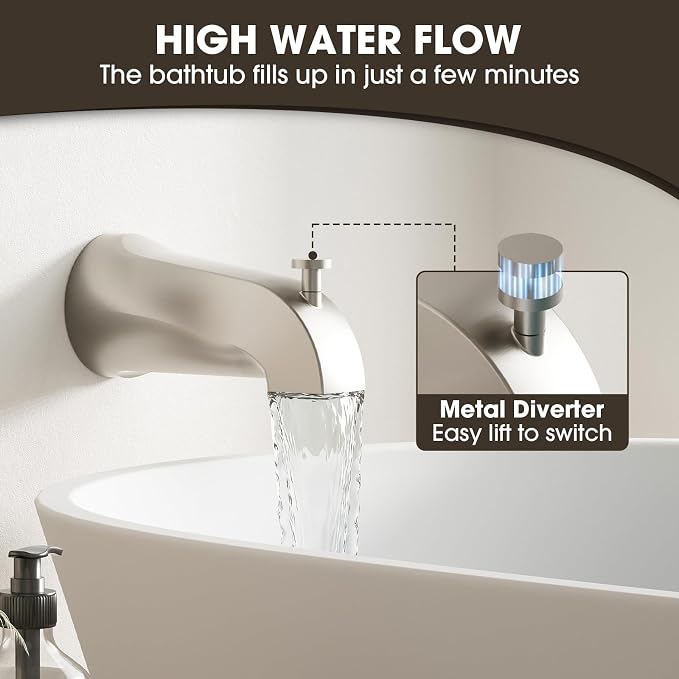 Shower Faucet Set Bathtub Faucet Set with Valve Included Shower Valve Kit with All-Metal High Flow Tub Spout,6 Inch High Pressure Head,Solid Brass Valve Body and Metal Handle Trim,Brushed Nickel