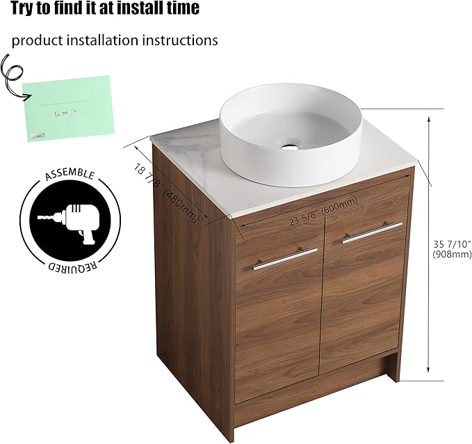 24" Bathroom Vanity, 24 Inch Freestanding Vanity with Ceramic Vessel Sink, Modern Single Sink Bathroom Vanity Combo, Brown Floor Stand Storage Cabinet Set(BRE400, 24 * 18)