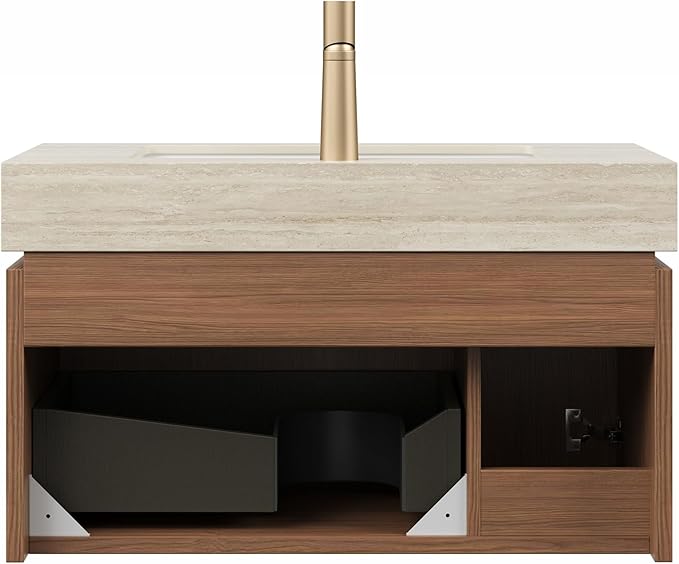 Bathroom Vanity with Sink 30 Inch, Floating Bathroom Vanity Sink Cabinet with Drawer and Door, Undermount Sink & Travertine-Pattern Sintered Stone Top, Pre-Assembled,Brown Oak