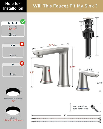 FORIOUS Brushed Nickel Bathroom Faucets 3 Hole, 8" Widespread Silver Faucet | Commercial 3 Hole Bathroom Faucet Brushed Nickel 2 Hadles, Polished Nickel Sink Faucet Bathroom 3 Hole for B2B Wholesale