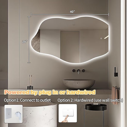Niccy Irregular LED Bathroom Mirror, Wavy Backlit Wall Mirror, 24"x40" | Frameless Lighted Mirror for Bedroom Living Room, Modern Smart-Mirror with 3 Color Lighting, Anti-Fog, Memory Function