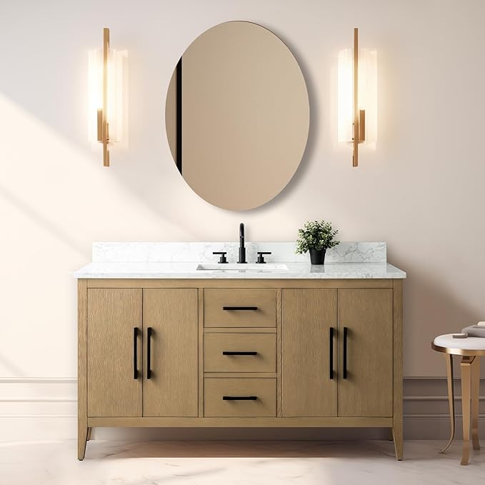 Vanity Art 60 inch Bathroom Vanity with Single Sink & Ceramic Top, Vanity Cabinet with Soft-Closing Doors, Drawers, Solid Wood Frame, Natural Oak, VA9060-SNO-MB1