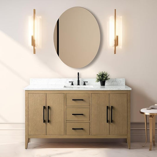 Vanity Art 60 inch Bathroom Vanity with Single Sink & Ceramic Top, Vanity Cabinet with Soft-Closing Doors, Drawers, Solid Wood Frame, Natural Oak, VA9060-SNO-MB1