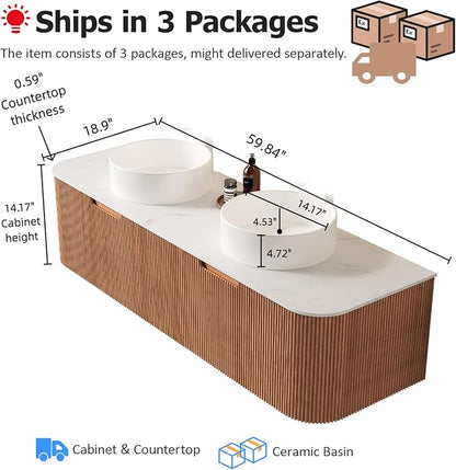60" Bathroom Vanity with Double Sink, Floating Bathroom Vanities with Ultra-Thin Ceramic Basin and Marble Top, 2 Large Soft-Closing Storage Drawers, Pre-Assembled Cabinet, Nature Wood