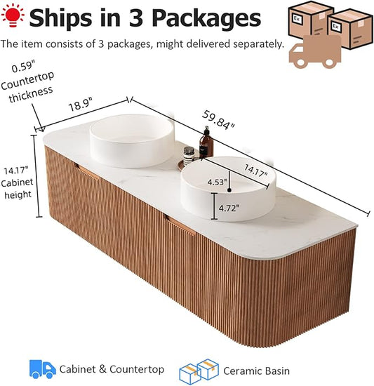 60" Bathroom Vanity with Double Sink, Floating Bathroom Vanities with Ultra-Thin Ceramic Basin and Marble Top, 2 Large Soft-Closing Storage Drawers, Pre-Assembled Cabinet, Nature Wood
