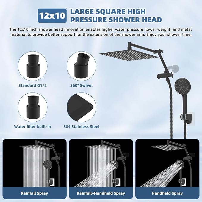 12" Metal Rain Shower Head with Handheld, High-Pressure Showerhead,10-Mode | Black, Rainfall Shower Head with 5" Large Handheld Spray, Adjustable 16" Shower Extension Arm/71" Hose, Brass 3-Way Diverter