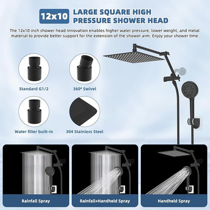 12" Metal Rain Shower Head with Handheld, High-Pressure Showerhead,10-Mode | Black, Rainfall Shower Head with 5" Large Handheld Spray, Adjustable 16" Shower Extension Arm/71" Hose, Brass 3-Way Diverter