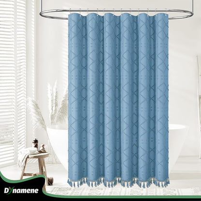 Extra Long Boho Shower Curtain Geometric 72"x84" Moonlight Blue | 84 Inch Tall, Elegant Tassel, Lightweight Textured Fabric, Water Repellent, Washable, Hotel Spa, for Bathroom/Dorm 12 Hooks