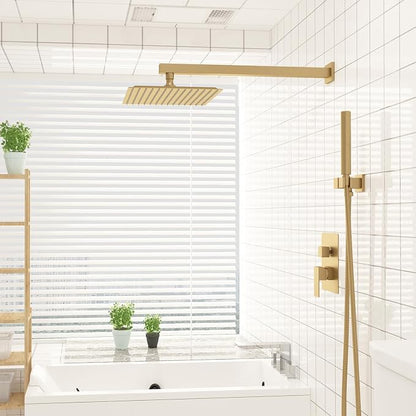 10 In Rain Shower Head High Pressure Rainfall Shower Head Brushed Gold | Square Rain Bathroom Showerhead, High Flow, Large Stainless Steel, Ceiling Mounted, Wall Mounted, Waterfall Full Body