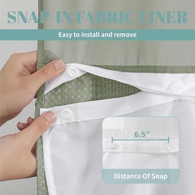 No Hook Waffle Shower Curtain with Snap-in Liner, 54x80 Inch, Sage Green | 230GSM waffle weave fabric, waterproof liner set with 2 bottom magnets, mesh window, washable, for shower stalls or bathrooms