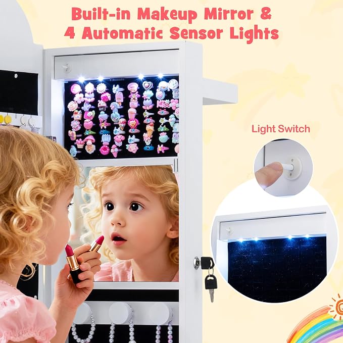 HONEY JOY Kids Jewelry Cabinet with LED Lights, Rainbow Standing Jewelry Armoire w/Full-Length Mirror & Makeup Mirror, Ring Slot, Lockable Princess Jewelry Organizer Storage for Toddler Girls(White)