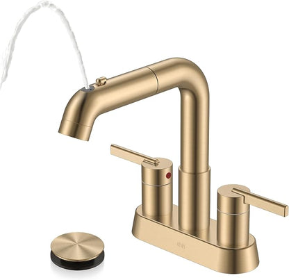 Champagne Bronze Pull Down Centerset Bathroom Faucet 3 Hole 2 Handle | Pull Out Bathroom Faucet with Pop Up Drain & Supply Lines, Lead-Free cUPC & NSF Certified, 4 Inch Faucet for Vanity RV Sink