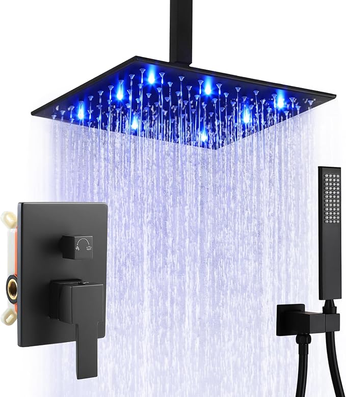 SKOWLL Shower Faucets Sets Complete Ceiling Mount 12 Inch LED Shower Head System with Handheld, Bathroom Rainfall Shower Fixtures Valve Kit, 3 Color Changing Showerhead, Matte Black