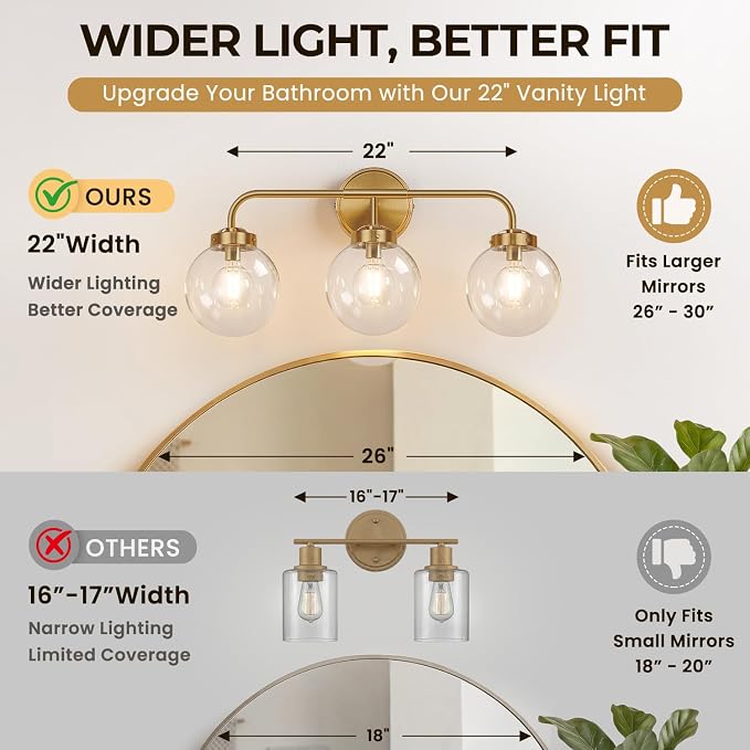 Modern Brushed Gold Vanity Lights for Bathroom, Mid Century 3 Light Bathroom Vanity Light with Globe Clear Glass Shade Over Mirror, Brass Wall Sconce for Bathroom Hallway Living Room Bedroom
