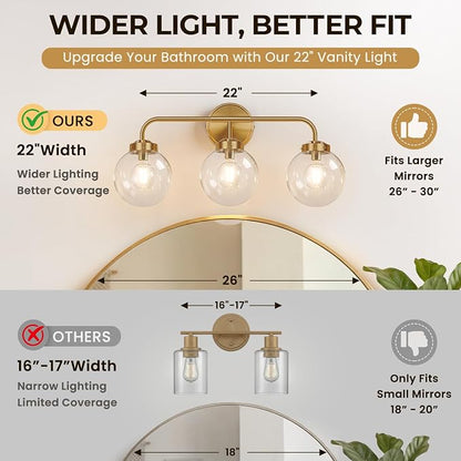 Modern Brushed Gold Vanity Lights for Bathroom, Mid Century 3 Light Bathroom Vanity Light with Globe Clear Glass Shade Over Mirror, Brass Wall Sconce for Bathroom Hallway Living Room Bedroom