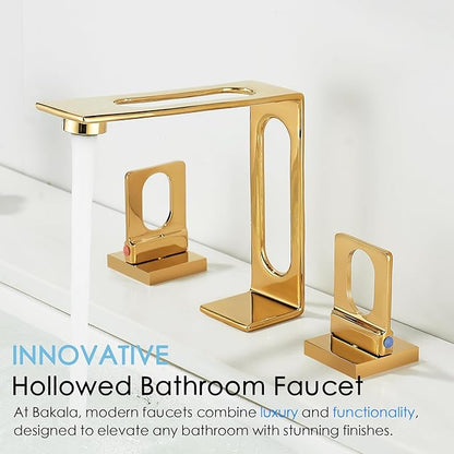 BAKALA Gold Bathroom Sink Faucet 3 Hole, 8-Inch Widespread Bathroom Faucet with 2 Water Supply Hoses, Hollowed Design