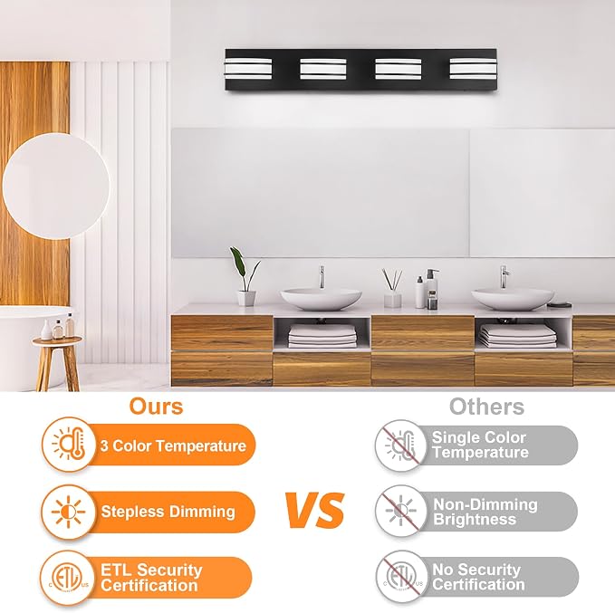 GOODATE 3 Color Temperature Dimmable Bathroom Light Fixtures Over Mirror, LED Black 4 Light Vanity Lighting Fixtures, Acrylic Stainless Steel Oval Shade Vanity Lights for Bathroom, ETL Certificated