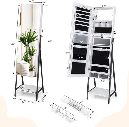 CHARMAID Standing Jewelry Armoire with Full Length Mirror, Lockable Jewelry Cabinet Organizer with Lights, 3 Lighting Modes, Foldable Makeup Tray, Storage Drawers & Shelves (White)