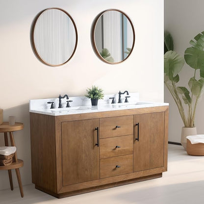 Vanity Art 60 inch Double Sink Bathroom Vanity, Solid Poplar Wood, Vanity Cabinet with Doors and Shelf, Modern Wood Bathroom Vanity with White Marble Top, 3 Functioning Drawers, VA70-60-DT-E