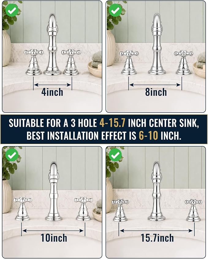 gotonovo Bathroom Faucet 3 Hole Vintage, Polish Chrome, Hot Cold Label | Widespread Bathroom Sink Faucet 8 Inch 2 Cross Handles,Pop Up Drain,cUPC Supply Line,4-15.7” Install,for Vanity Farmhouse RV
