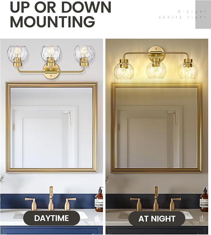 zeyu Brushed Gold 23-Inch 3-Light Bathroom Vanity Lighting, ZS62BG-3W BG-WG | Bathroom Wall Light Fixtures, 3 E26 Bulbs Up To 60W Each, Up/Down Mount, Water Ripple Globe Glass, For Bathroom Mirror
