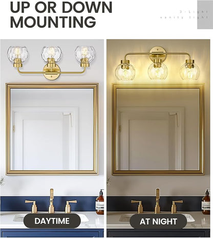 zeyu Brushed Gold 23-Inch 3-Light Bathroom Vanity Lighting, ZS62BG-3W BG-WG | Bathroom Wall Light Fixtures, 3 E26 Bulbs Up To 60W Each, Up/Down Mount, Water Ripple Globe Glass, For Bathroom Mirror